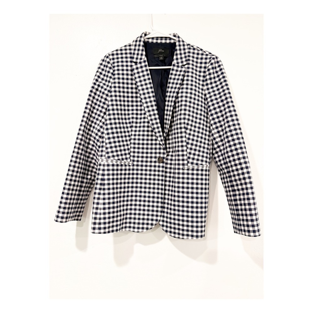 J.Crew Parke Blazer Navy Blue White Gingham Check Single Button Jacket Size 10
